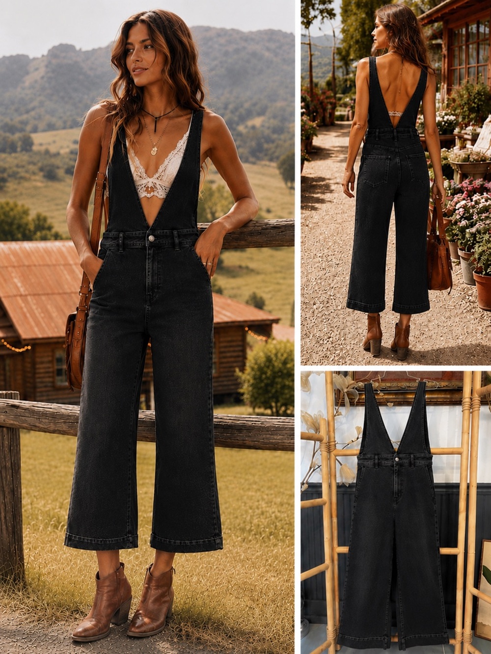 Free People A Line Wide Leg Cropped Plunging V Neck Denim Overalls - Sz 8🧡🎀